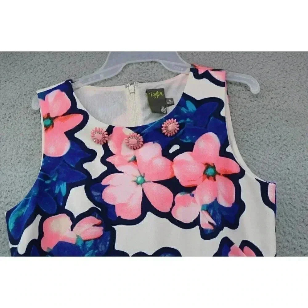 Taylor Women's Pink and Blue Floral Dress-Size 10-Lined-Back Zip - Picture 2 of 8